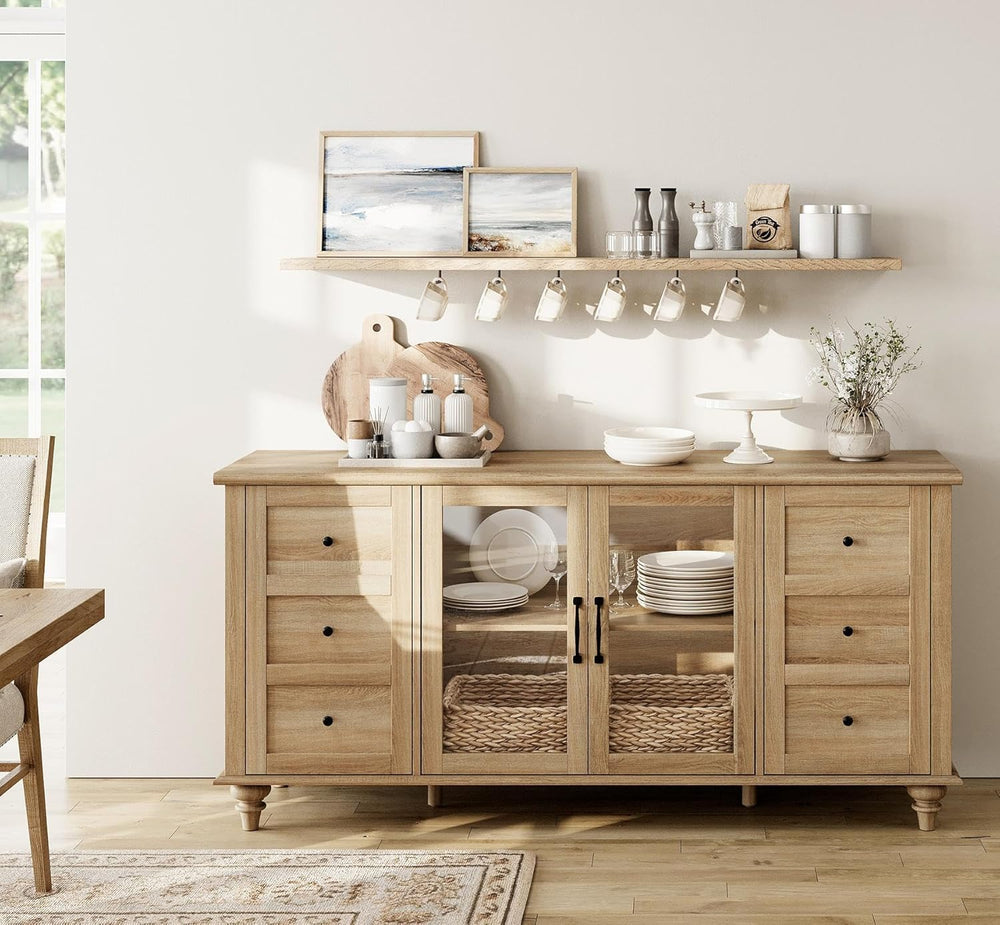 WAMPAT Farmhouse Sideboard Buffet Cabinet with Glass Door & Adjustable Sh...