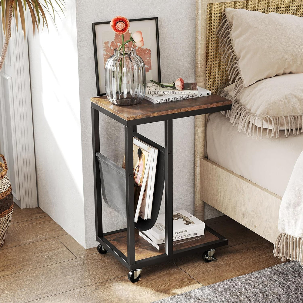 Giantex C Shaped End Table with Rolling Wheels, Sofa Side Table with Magazine...