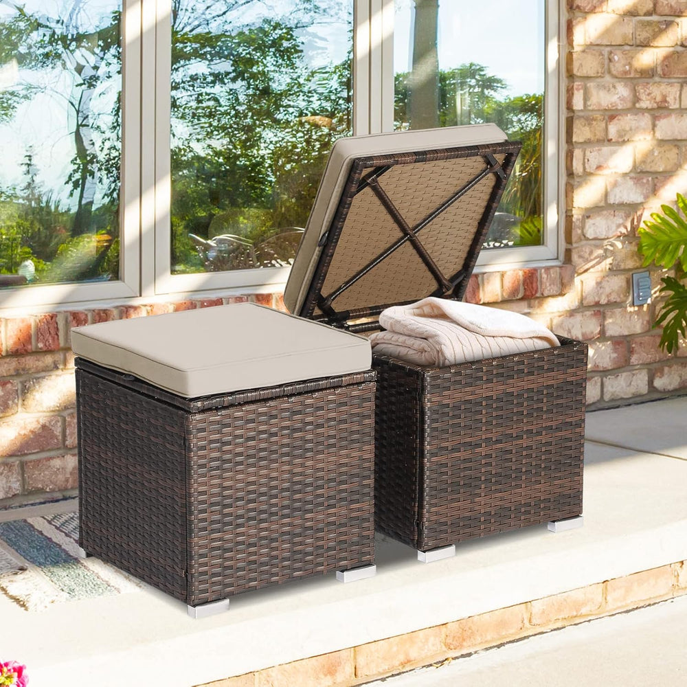 Tangkula 2 Pieces Patio Ottomans, Patiojoy Hand-Woven PE Rattan Side Table wi...