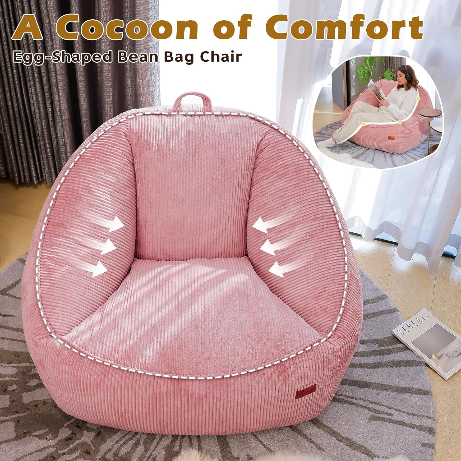 Bean Bag Chair, Cozy Fluffy Beanbag Chairs with Filler for Teens and Kids, Floor Lazy Sofa for Living Room Gaming & Reading (S-Rose)