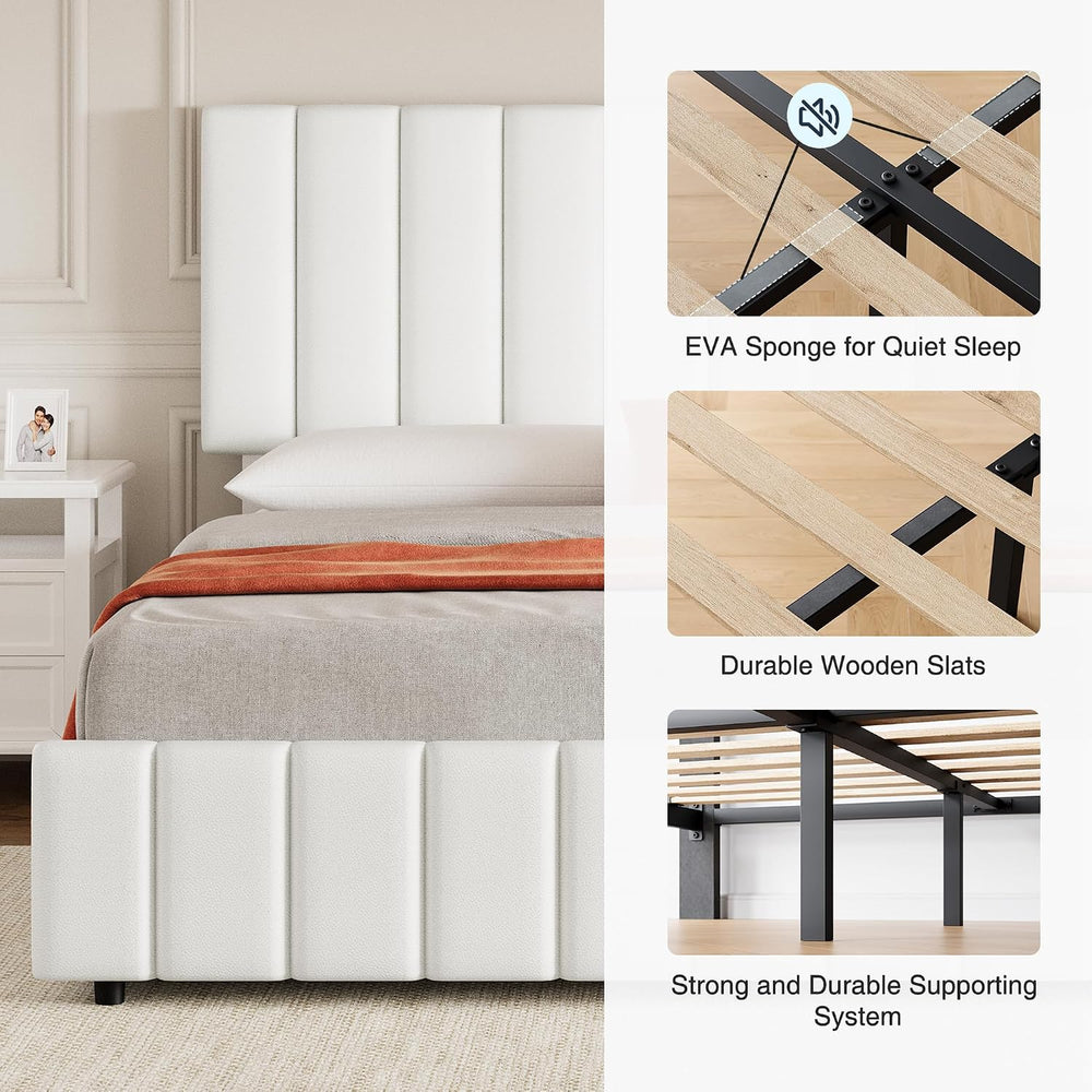 IDEALHOUSE Queen Size Bed Frame with 4 Storage Drawers, PU Leather Linen Upho...