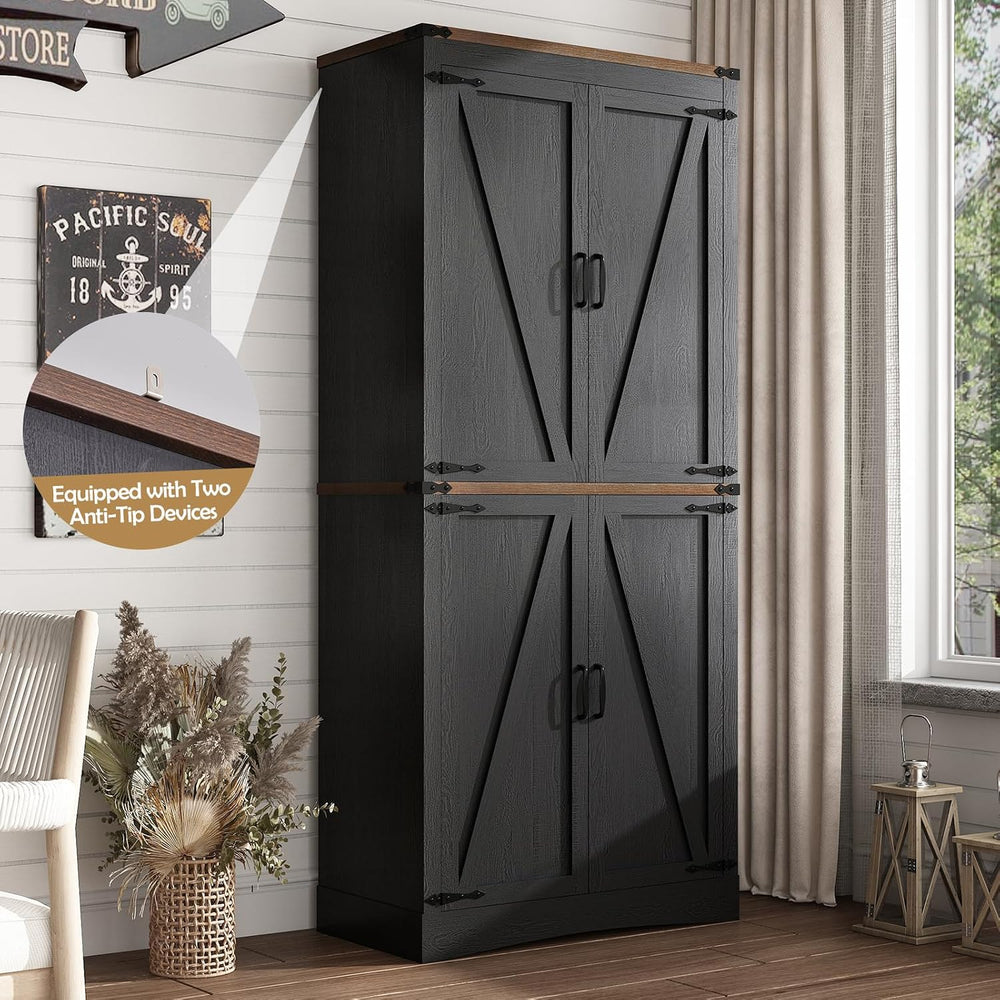 71in Farmhouse Kitchen Pantry Cabinet,Tall Storage Cabinet with 4 Doors and A...