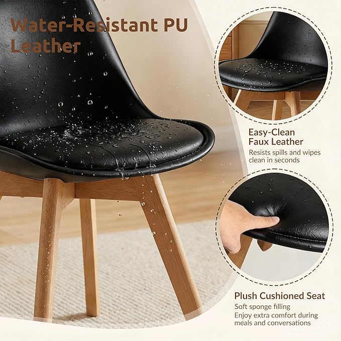 Dining Chairs Set of 8, Modern Upholstered Dining Room Chairs with PU Leather Padded Seat, Armless Kitchen Chairs with Curved Backrest and Solid Wood Legs for Dining Room, Kitchen, Apartment, Black