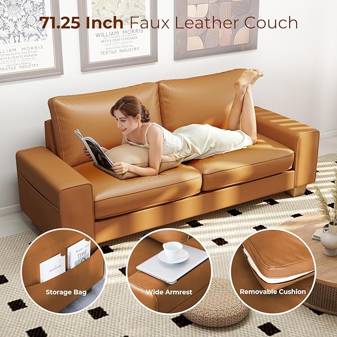 Modern Faux Leather Sofa, Large Couch with Spring Cushions & Solid Wood Frame, Easy-to-Clean Removable Cover, Spacious Living Room Family Furniture, Extra Long Couch (88.58", Brown)