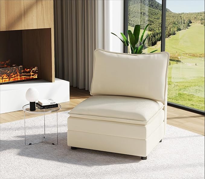 Vesgantti 40" Single Seat Sofa, Comfy Cloud Couch Deep Seat Upholstered Couch Chenille Modern Sofa, Extra Seats for Modular Couches, Beige (Without Armrest)