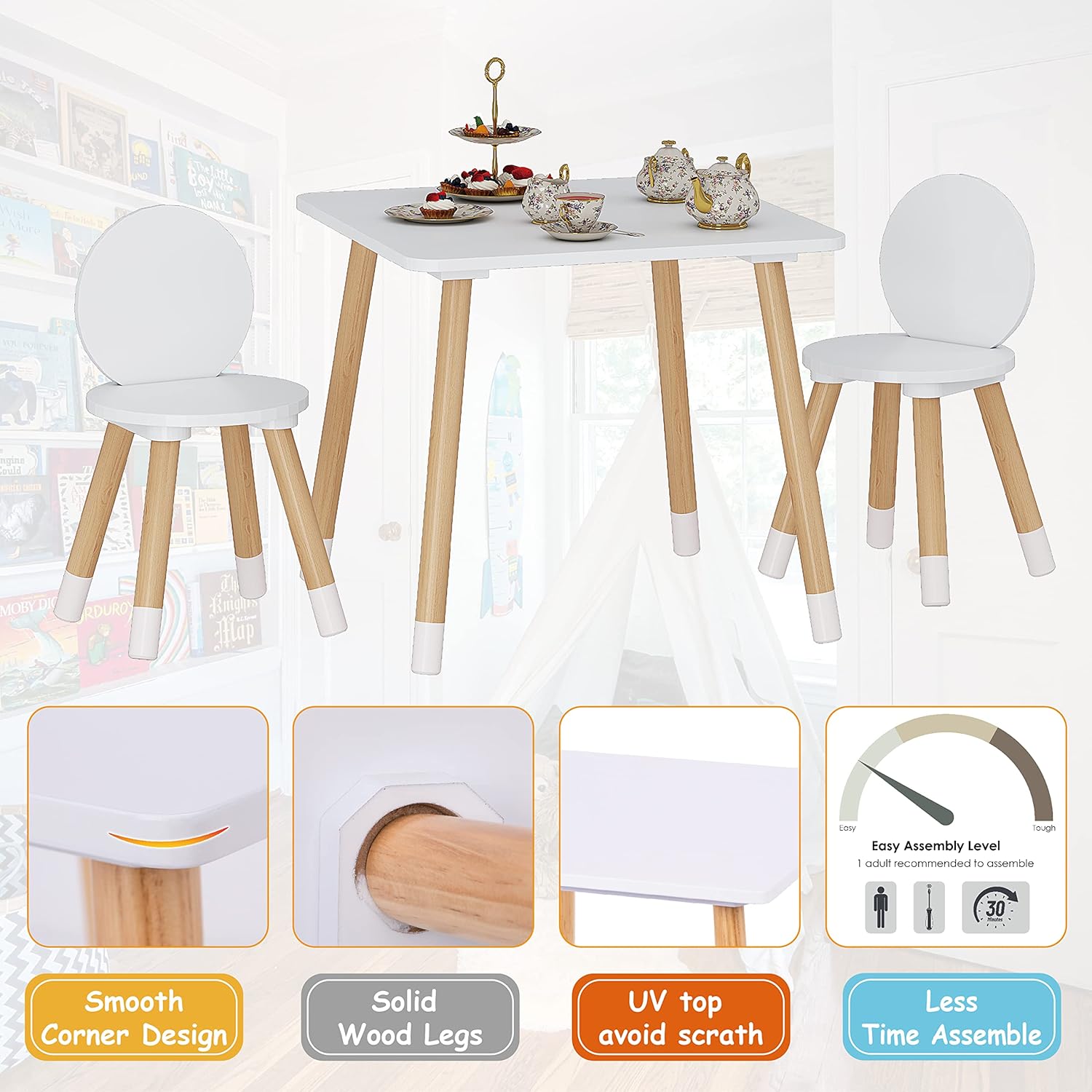UTEX Kids Table with 2 Chairs Set for Toddlers, Boys, Girls, 3 Piece Kiddy Table and Chairs Set, White