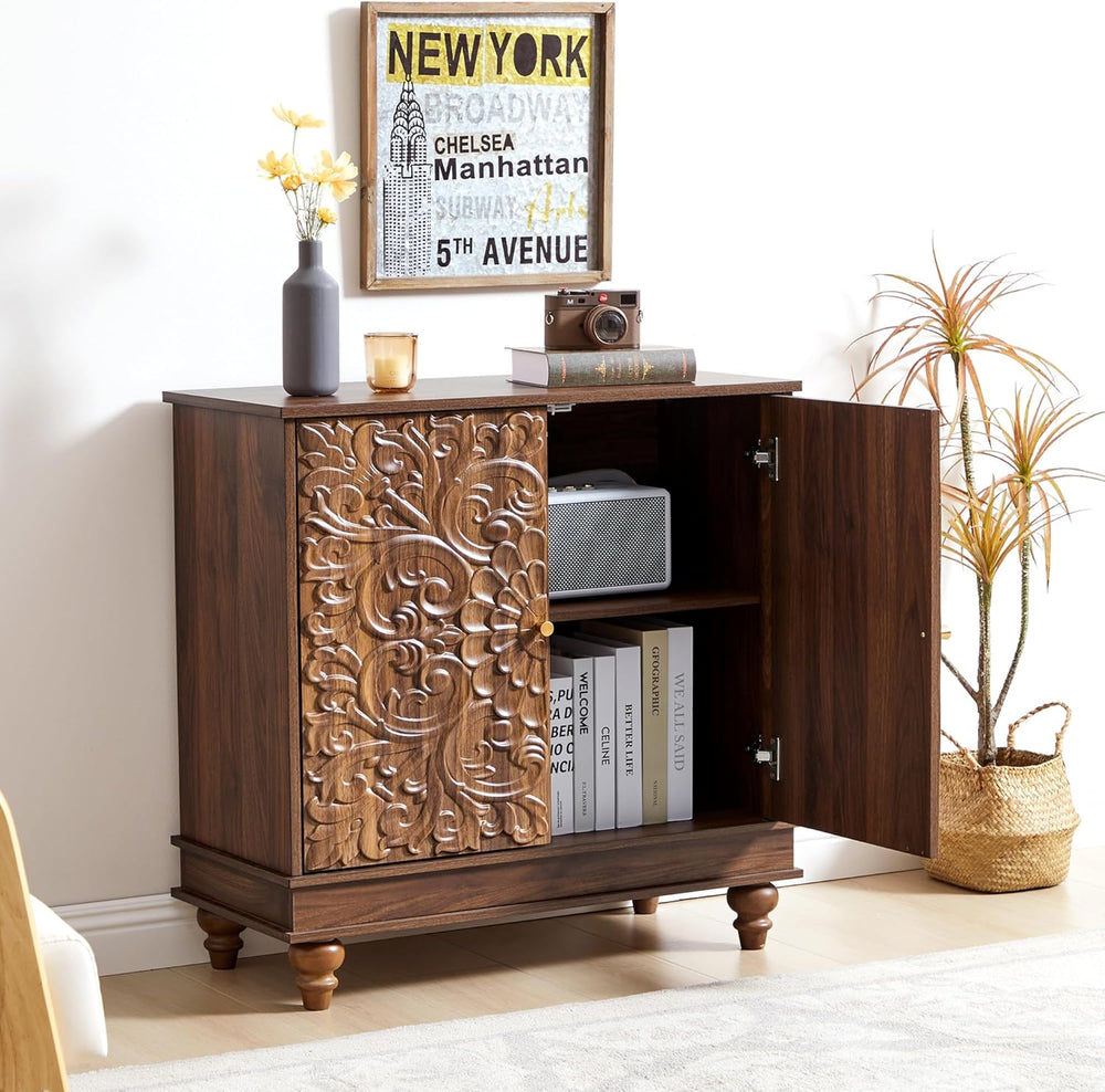 weselon Accent Cabinet with 2 Doors, Farmhouse Carved Buffet Sideboard with A...