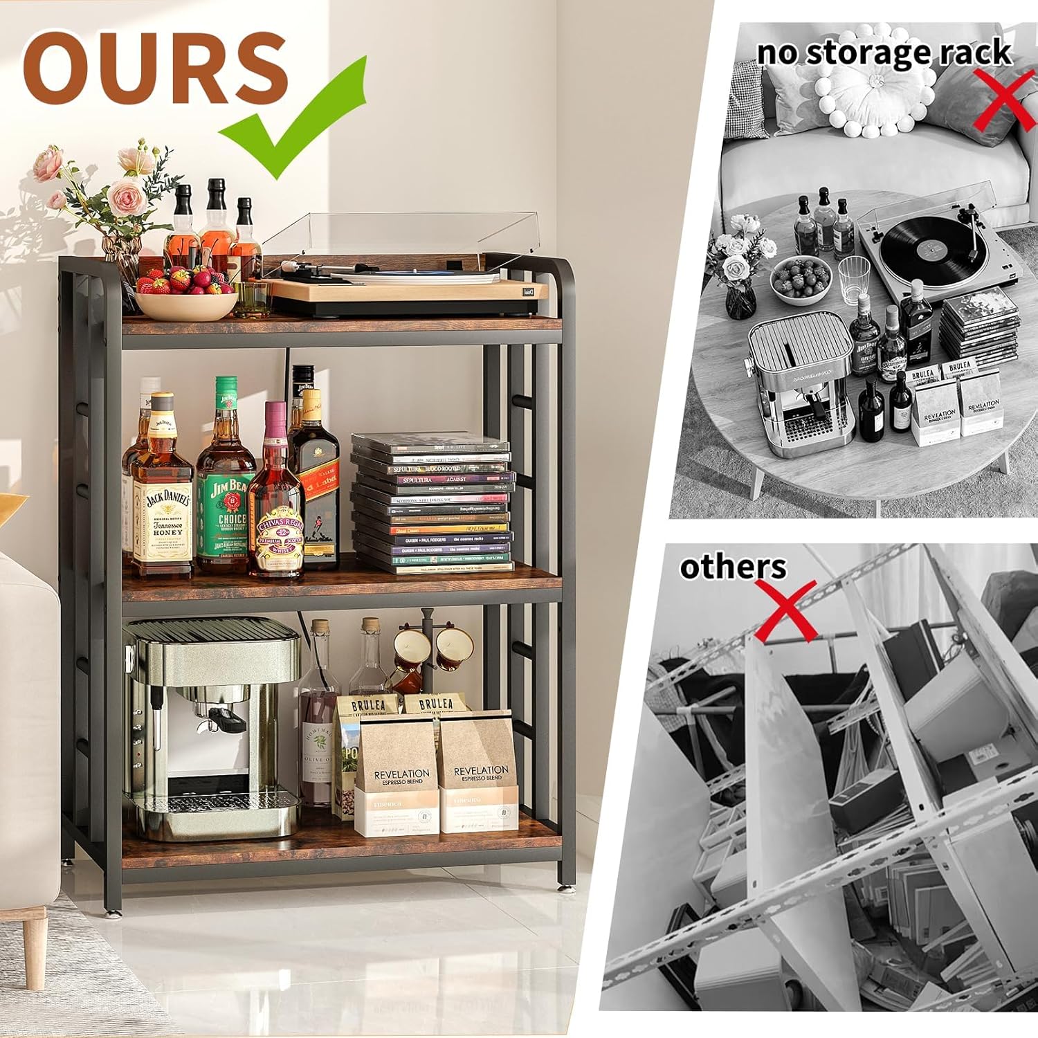 METYERRY Bakers Rack with Power Outlet,Adjustable Microwave Stand with Storage,3-Tier Kitchen Shelves,Microwave cart Suitable for Kitchen,Dinning Room,Coffee Bar,Living Room,Rustic Brown
