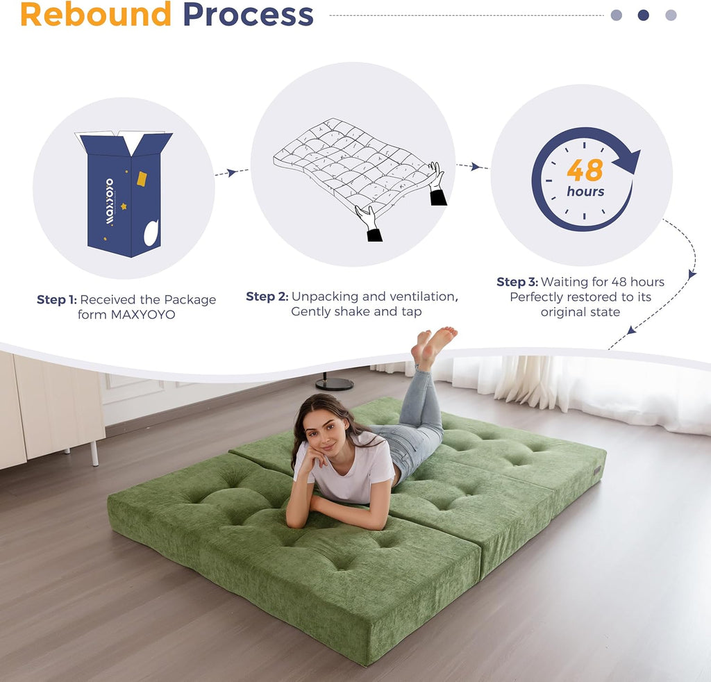 MAXYOYO 6" Folding Sofa Bed for Floor, Tufted Tri-Fold Floor Mattress | Twin Size Portable Sofa Couch Guest Mat with Chenille Fabric for Adults, Foldable Topper for Camping, Green, Twin