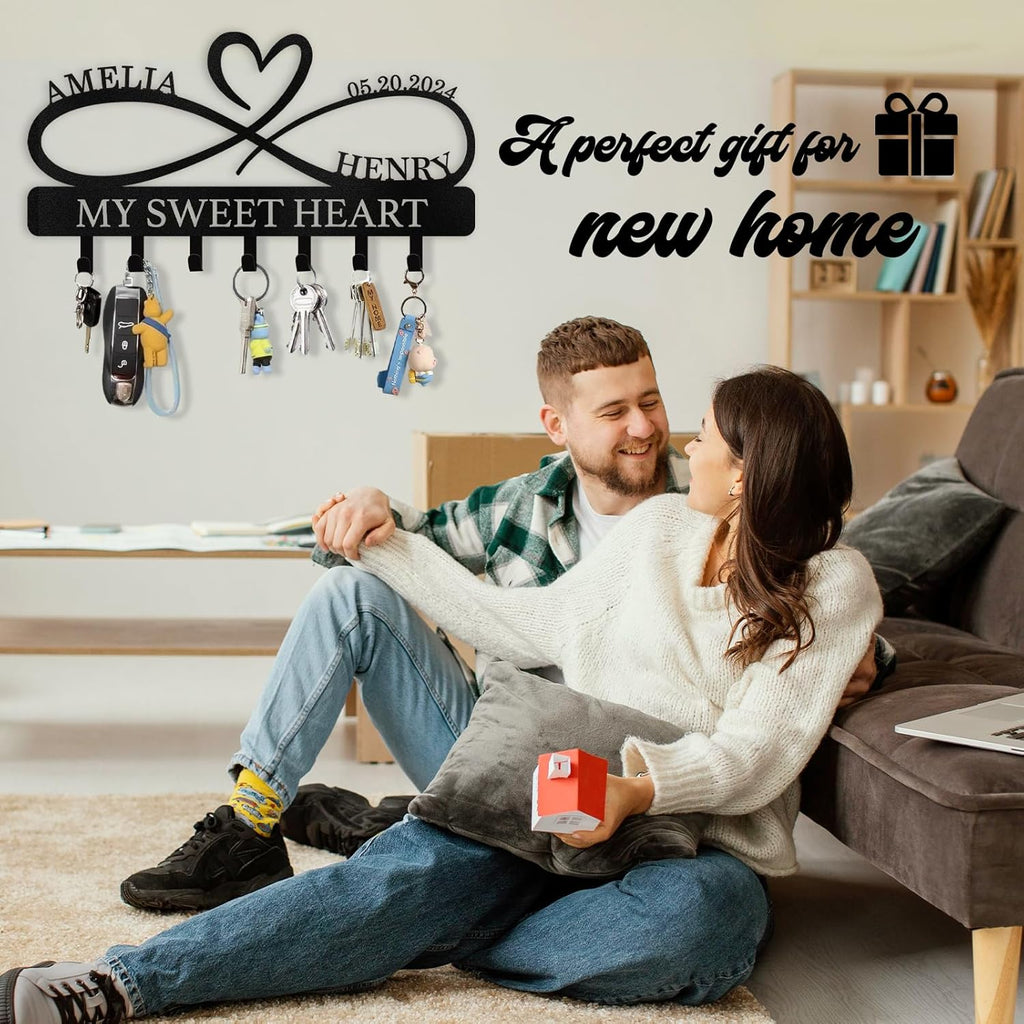 Personalized Key Holder Wall Mount, Custom Couple's Name Key Holder for Wall, Love Shape Wedding Couple Gifts, Metal Key Rack Coat Rack, Key Rack Organizer for Bedroom Hallway Decor