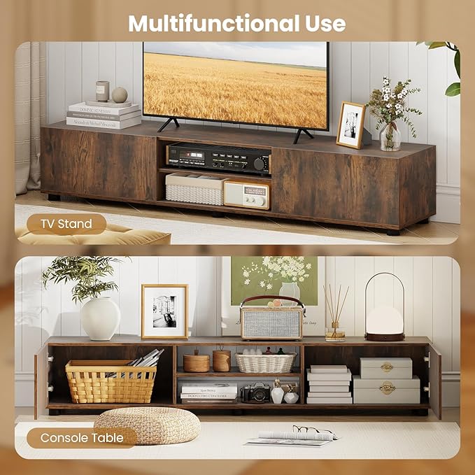 Tangkula Modern TV Stand for up to 70” TVs, 63”L Minimalist Entertainment Center w/ 2 Doors & Open Shelves, Media Console Table Storage Cabinet with 6 Support Feet for Living Room (Rustic Brown, 63”L)