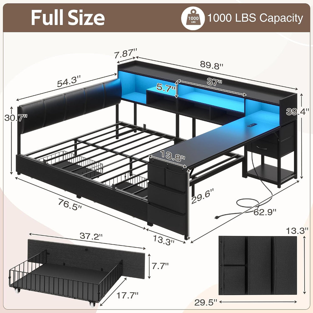 Dnxao Corner Bed Frame Full with Storage and Desk & 7 Bookcases, Black