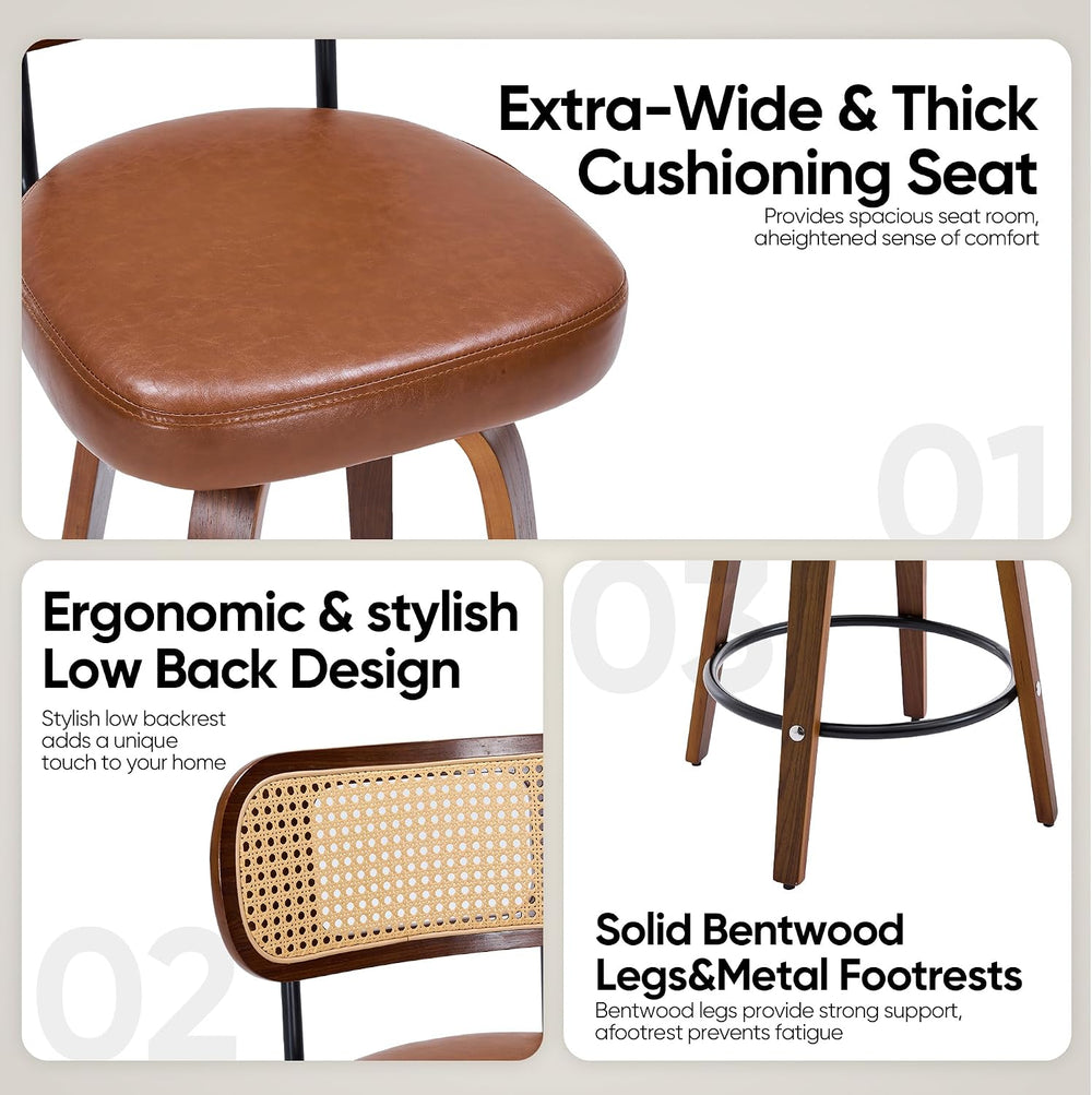 Rattan Bar Stools Set of 2,Upholstered PU Leather, 30''Counter Height...