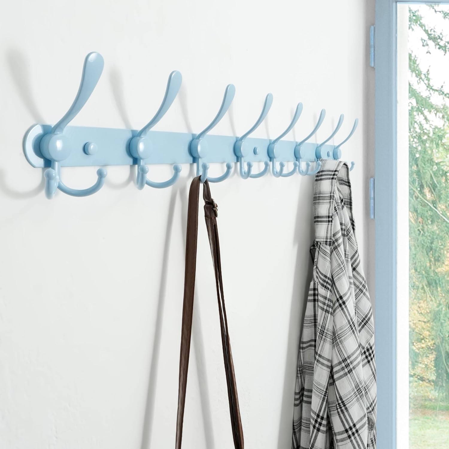 Dseap Coat Rack Wall Mount - 29.5” Long 8-Tri-Hooks Heavy Duty Coat Hanger Rail Wall Hooks for Hanging Coats Hats Clothing Clothes Purse Mudroom Entryway, Blue, Pack of 2