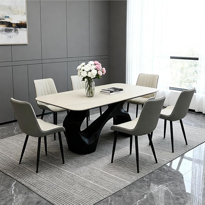 Dining Chairs Set of 6, Leather Modern Kitchen & Dining Room Chairs, Comfortable Upholstered Kitchen Chairs with Metal Legs Armless Side Chairs for Kitchen Restaurant, Khaki & Dark Grey
