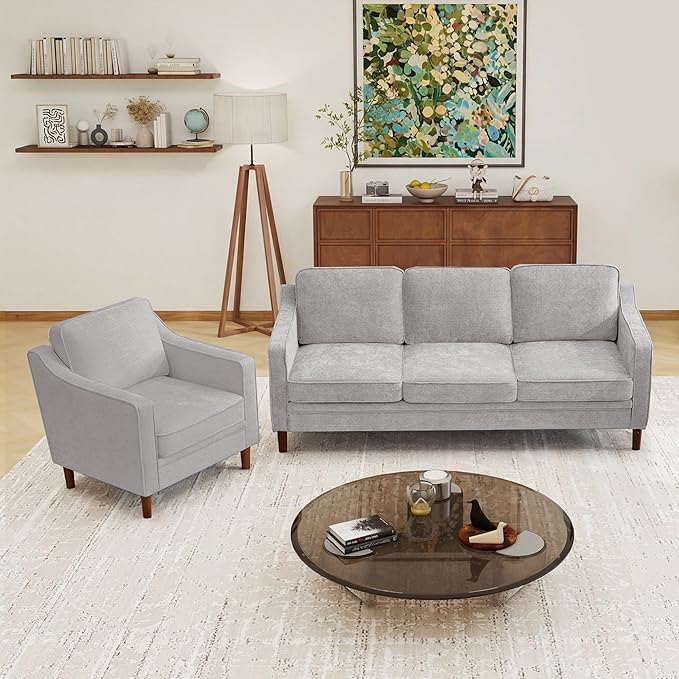 Kingfun Living Room Furniture Sets, 3 Seater Couch and Loveseat, Mid Century Modern Sofa Set, Chenille Couch with Solid Wood Frame for Living Room & Bedroom, Silver Gray