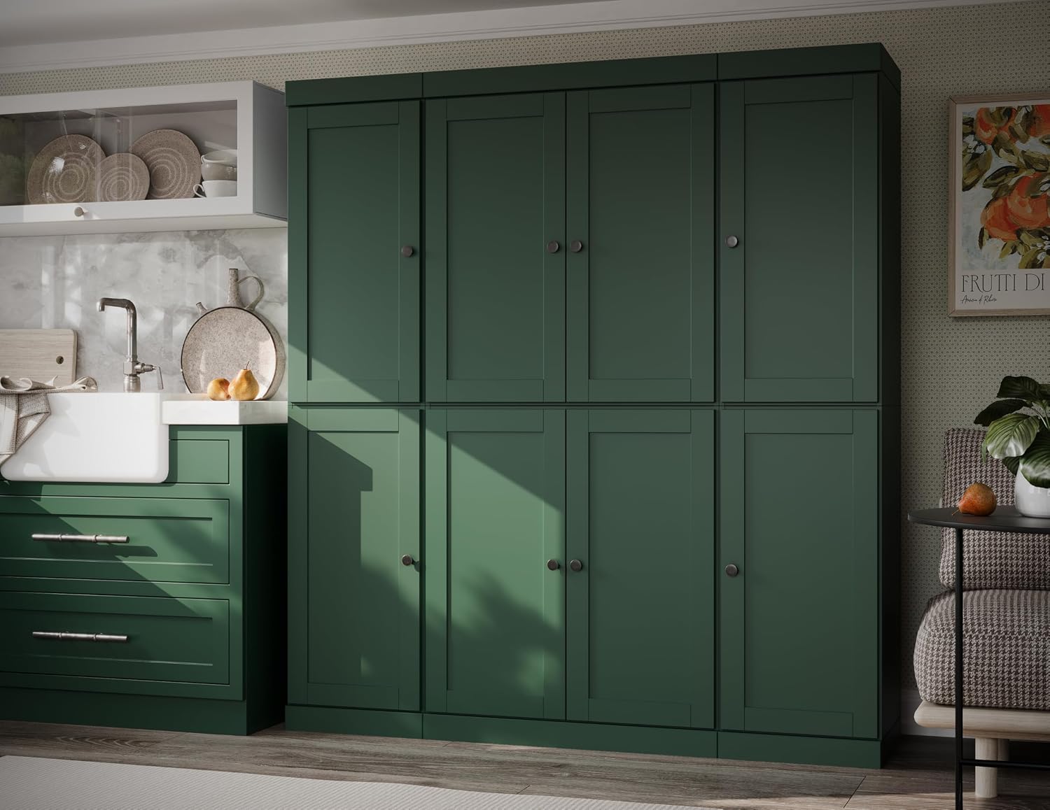 Palace Imports Solid Wood Pantry Cabinet – 71.5" Tall, 65" W - Wooden Storage Cabinet w/ 8 Shaker Doors, 2 Drawers & 12 Adjustable Shelves for Kitchen – Green, 100% Eco-Friendly Wood, Made in Brazil