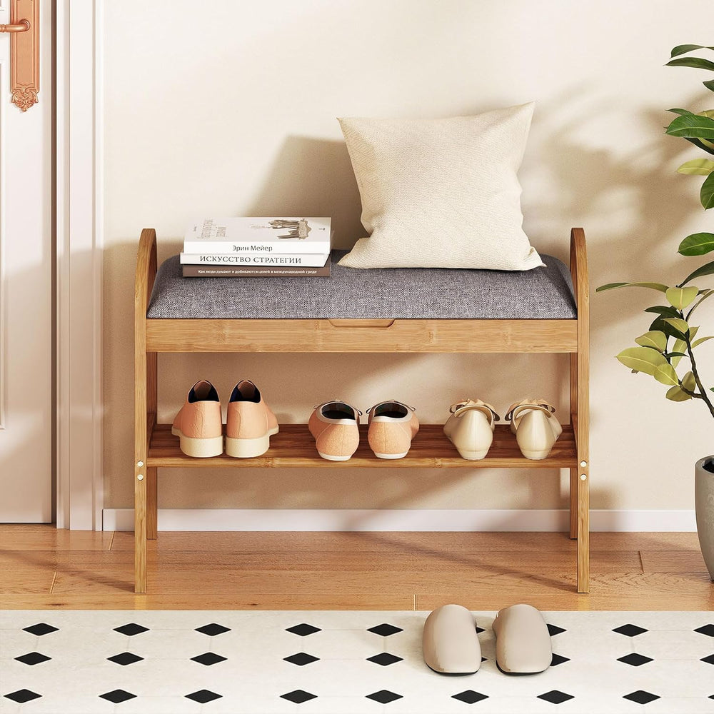 Giantex Shoe Bench with Flip-Top Storage, Bamboo 2-Tier Entryway Bench with P...