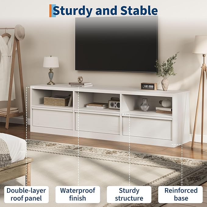 IDEALHOUSE 70 inch TV Stand for 80" TVs, Mid Century Modern Entertainment Center with Storage Drawer & Open Shelves, Wood Media Console Cabinet for Living Room/Bedroom, White