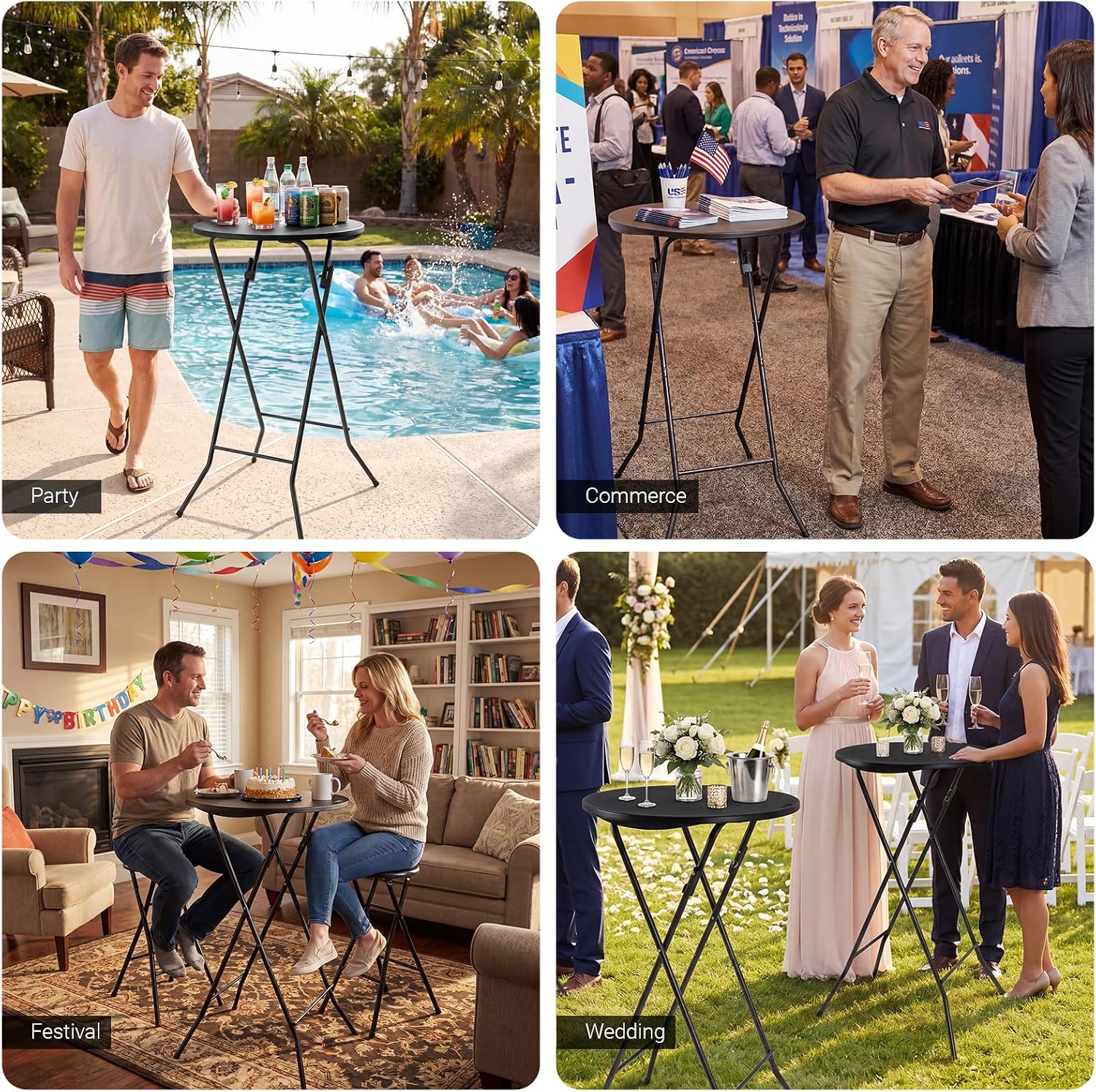 Byliable 24in Round Folding Cocktail Table, Plastic Bar Height Table, Black | Portable Foldable Design with Removable Legs, Two Folding Methods, HDPE Tabletop, Indoor Outdoor for Parties, Patio, Events
