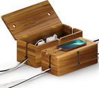 BLUEWEST 2-Pack Cable Management Box, Acacia Large Cable Cord Organizer Boxes for Power Strip – 3 Open Slots Wooden Cords Hider Box for TV Wires, Computer, Router, USB Hub and Under Desk Power Strip