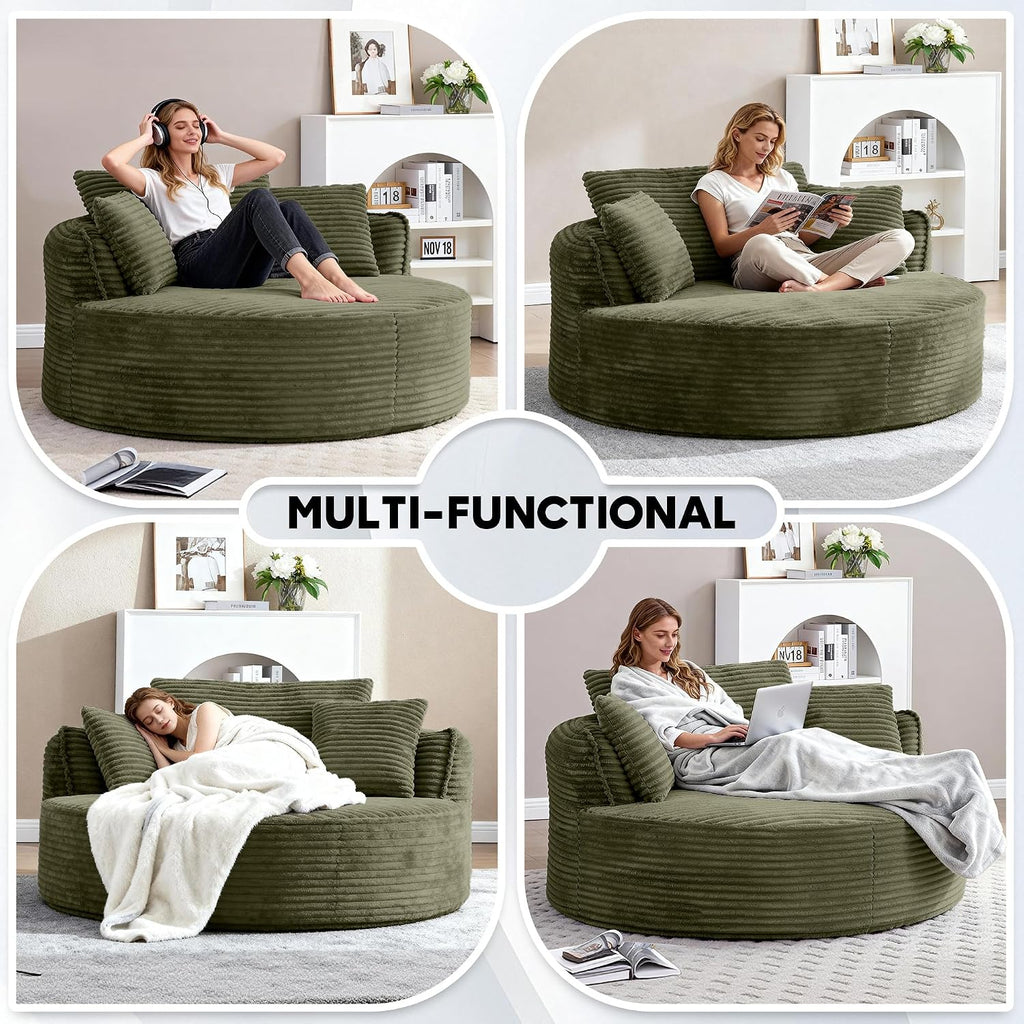 Oversized Round Chair Lounge Chaise Indoor, 53.5" Upholstered Corduroy Deep Seat Single Cloud Sofa Chair, Fluffy Modern Large Circle Boneless Sleeper Sofa for Living Room, Bedroom, Green