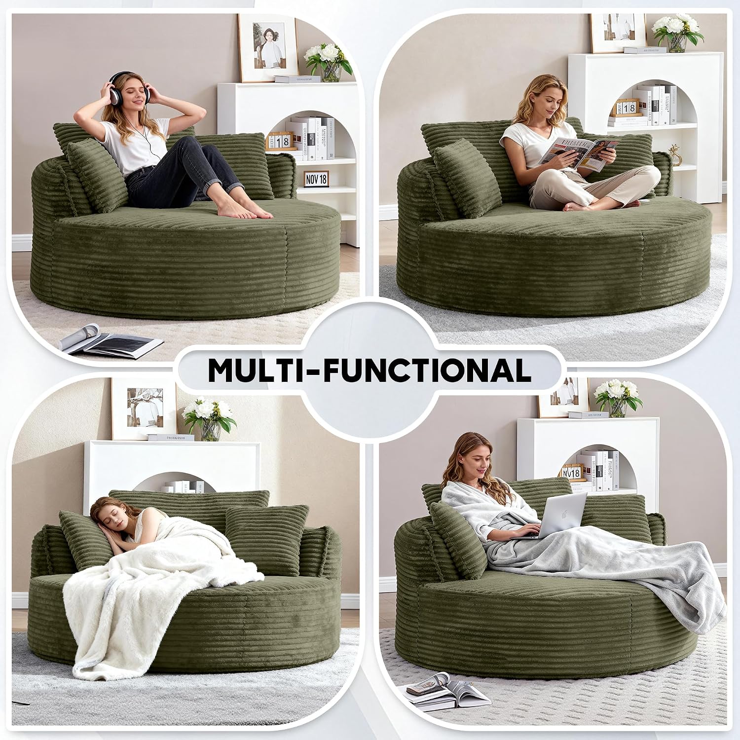 Oversized Round Chair Lounge Chaise Indoor, 53.5" Upholstered Corduroy Deep Seat Single Cloud Sofa Chair, Fluffy Modern Large Circle Boneless Sleeper Sofa for Living Room, Bedroom, Green