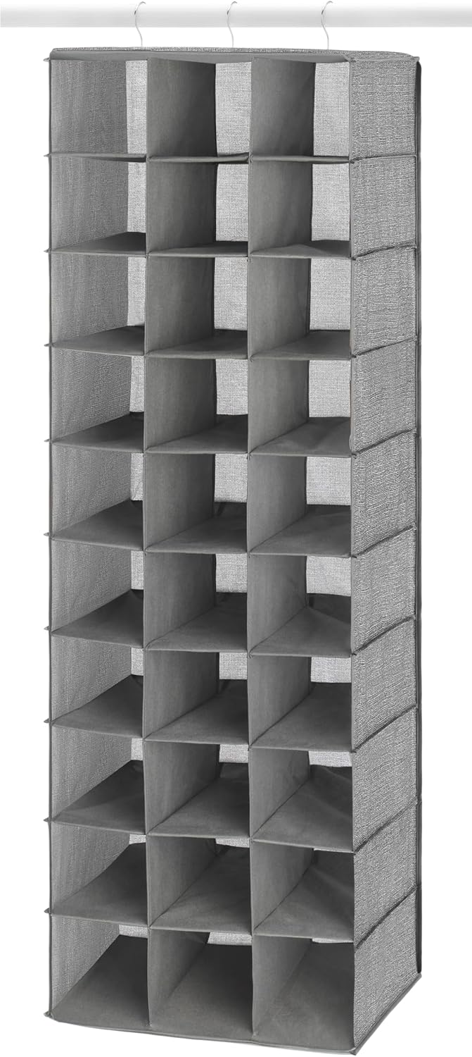 Whitmor 30 Sections Hanging Clothes Closet Shoe Organizer, Space Saving Breathable Fabric Shoe Storage for Bedroom, Laundry, Dorm, Crosshatch Gray