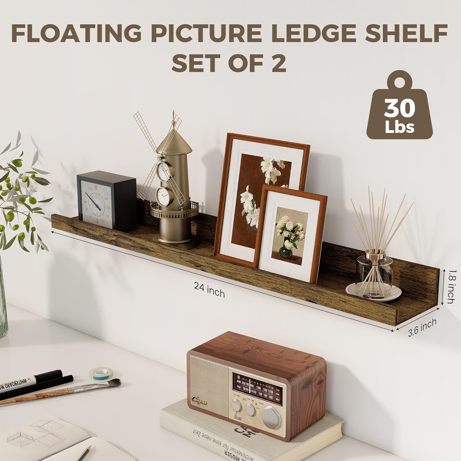 Axeman Floating Shelves for Wall - 24 Inch Picture Ledge Shelf Set of 2 - Rustic Picture Shelf for Wall with Ledge - Floating Shelves with Lip - Photo Ledge Shelves for Pictures Nursery Books