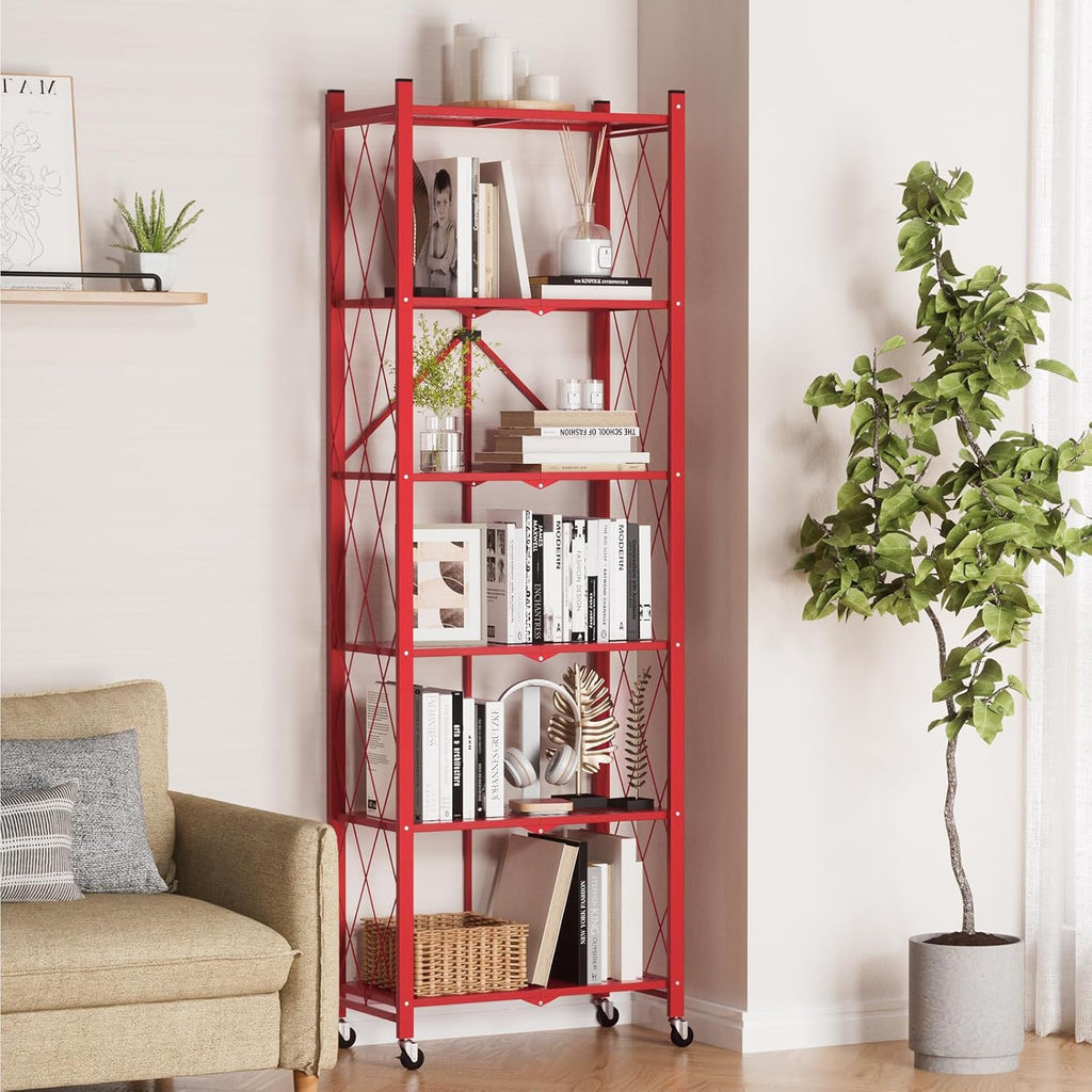 ALANNG 73.6 Inch Folding Bookshelf, 6 Tier Metal Bookcase and Bookshelves | Tall Shelves for Living Room Office Bedroom, Heavy Duty Book Shelve Free Standing Open (Red, 1PACK)