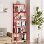 ALANNG 73.6 Inch Folding Bookshelf, 6 Tier Metal Bookcase and Bookshelves | Tall Shelves for Living Room Office Bedroom, Heavy Duty Book Shelve Free Standing Open (Red, 1PACK)
