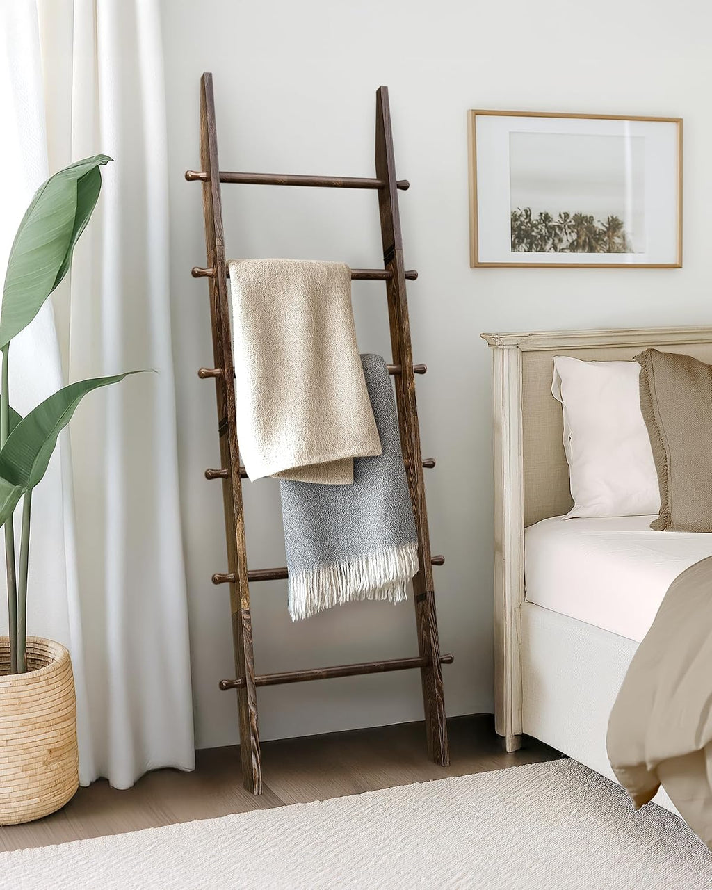 TEAKMAMA 6-Tier 5.4ft Blanket Ladder with Hanging Knobs Rustic Brown | Farmhouse Wall Leaning Solid Wood Scratch & Slip Proof Quilt Rack, Living Room Bedroom Bathroom, Xmas Deco, Easy Setup