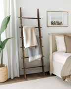 TEAKMAMA 6-Tier 5.4ft Blanket Ladder with Hanging Knobs Rustic Brown | Farmhouse Wall Leaning Solid Wood Scratch & Slip Proof Quilt Rack, Living Room Bedroom Bathroom, Xmas Deco, Easy Setup