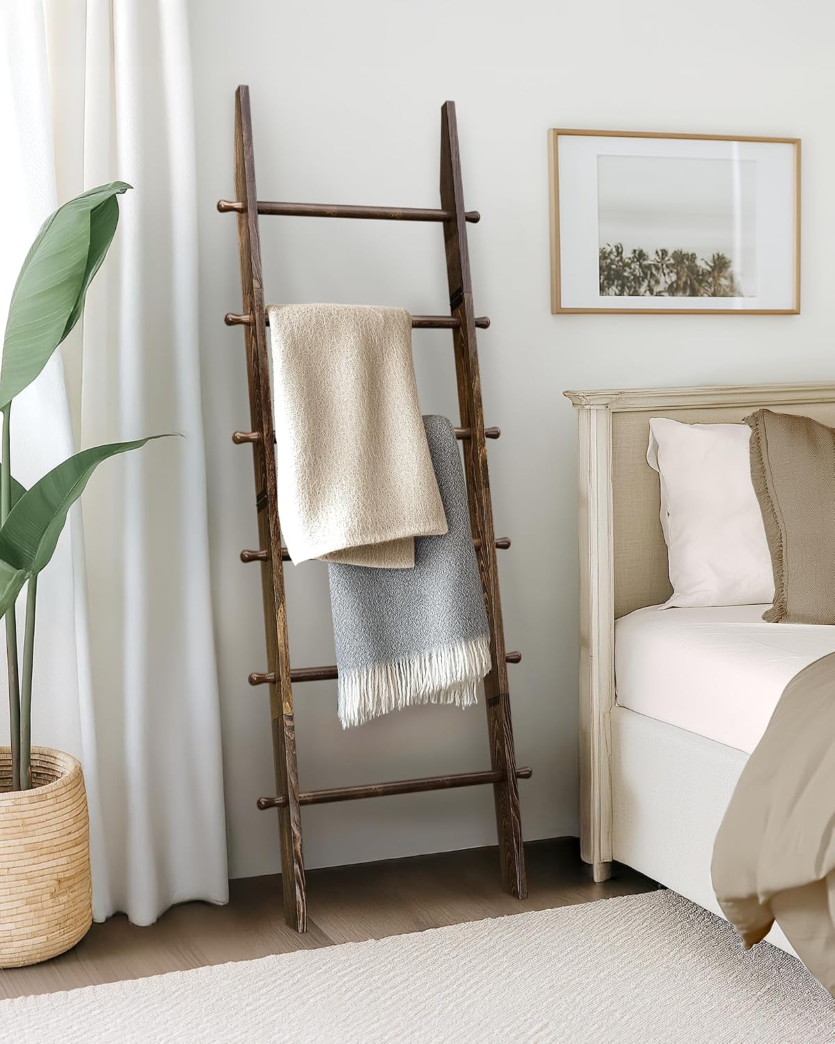 TEAKMAMA 6-Tier 5.4ft Blanket Ladder with Hanging Knobs Rustic Brown | Farmhouse Wall Leaning Solid Wood Scratch & Slip Proof Quilt Rack, Living Room Bedroom Bathroom, Xmas Deco, Easy Setup