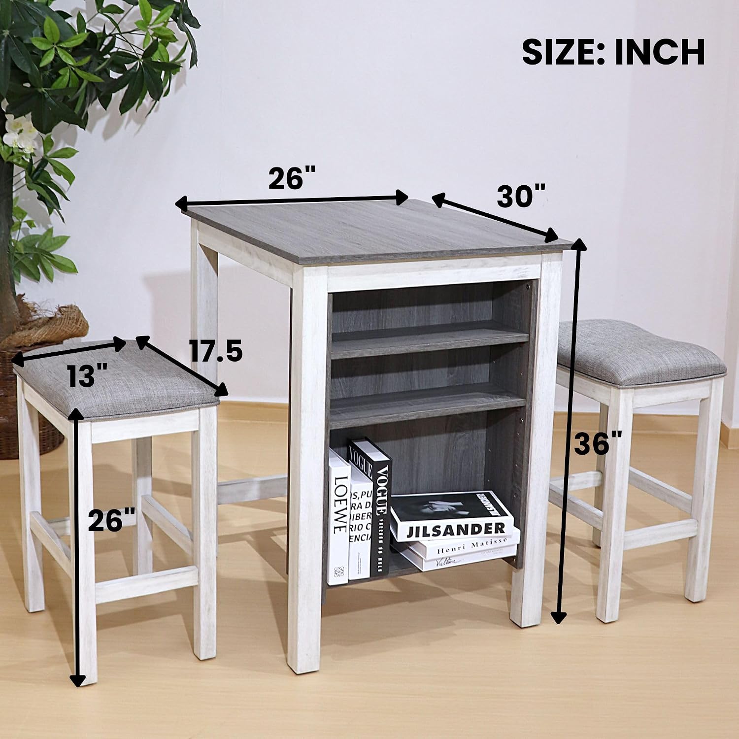 3-Piece Wooden Dining Table Set, Kitchen Island with Seating for 2, Kitchen Bar Table with Stools, Counter Height Dining Table Set, Rustic Gray Antique White, Farmhouse Style