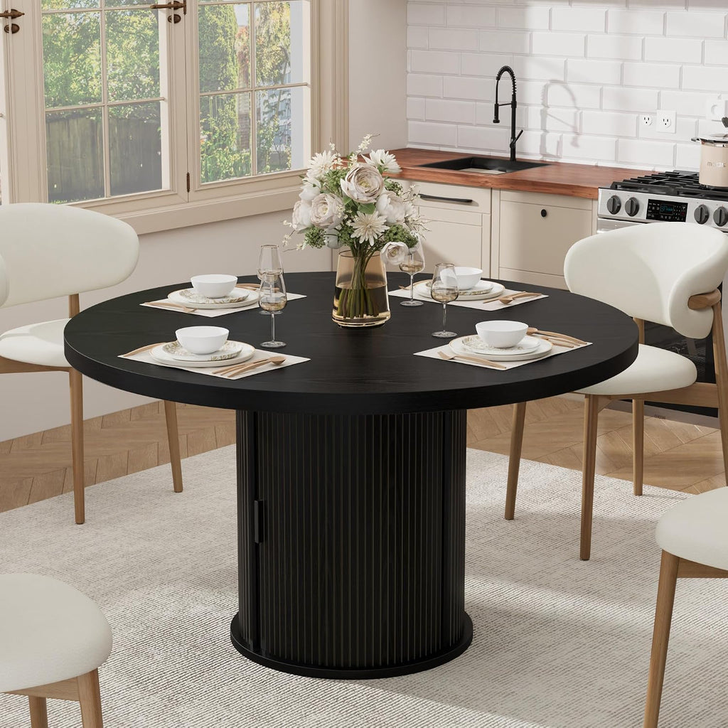 IDEALHOUSE 47" Round Dining Table for 4-6, Modern Farmhouse Kitchen Table | Wooden Accent Furniture with 2-Layer Storage Shelf & Drawer, Circle Dining Tables with Fluted Pedestal Base, Black