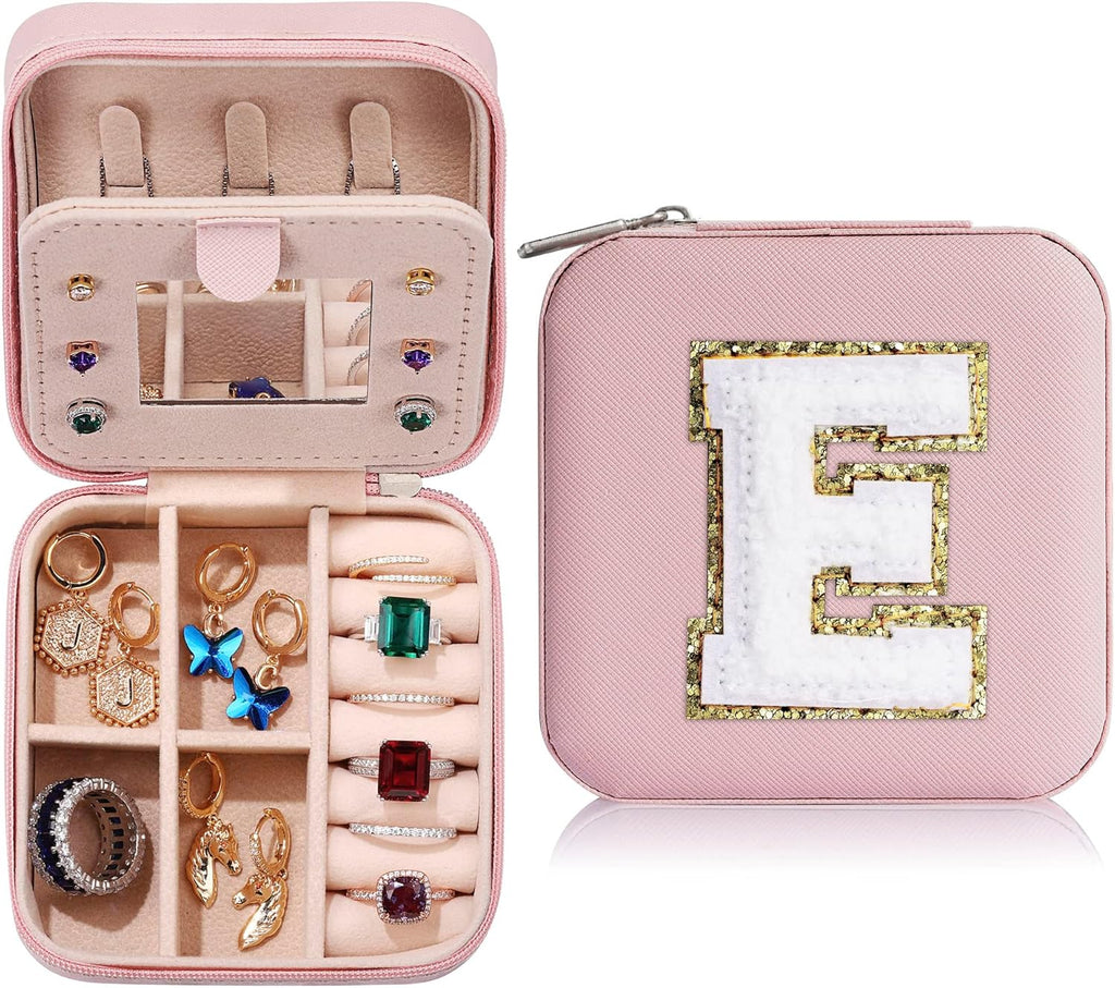 Parima Gifts for Teen Girls - 2025 Travel Jewelry Case Gifts Ideas, 6,7,8,9,10,11,12,13,14 Year Old Girl Birthday Gift Travel Jewelry Organizer Christmas Gifts for Daughter - Letter E, Pink