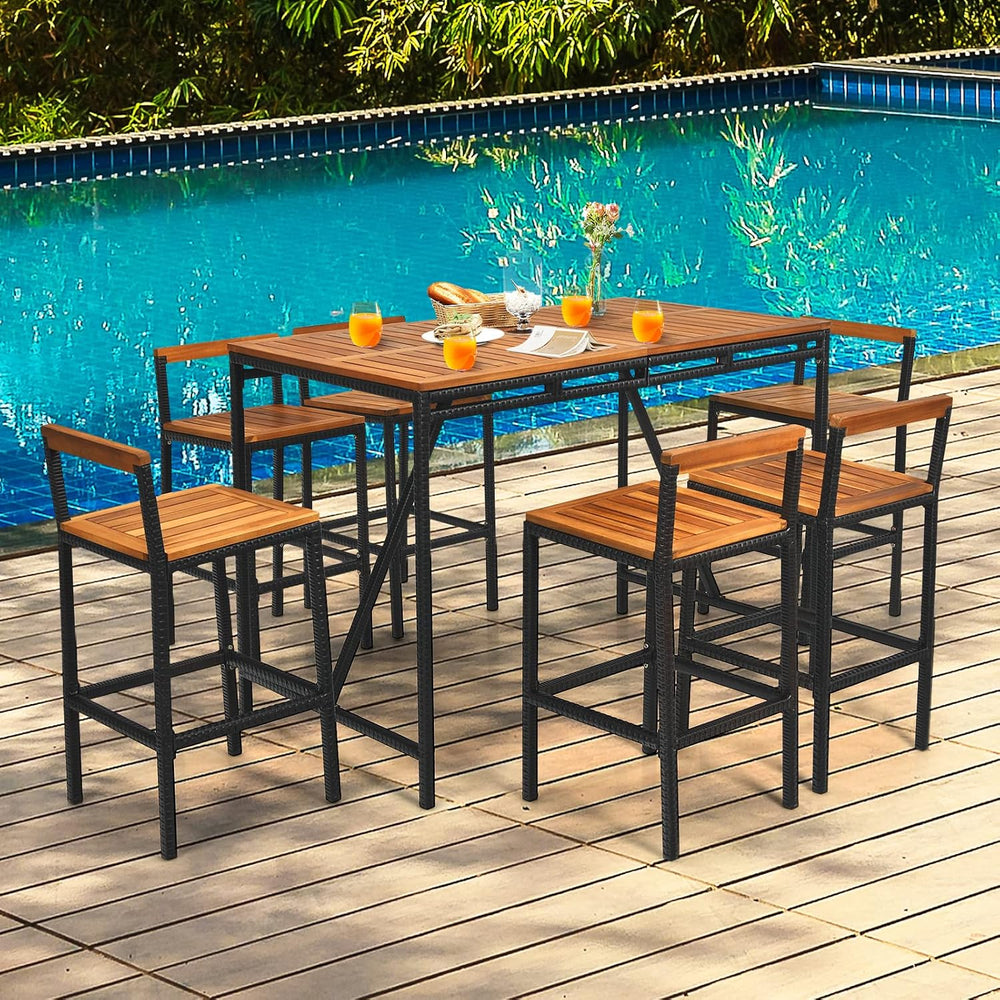 Tangkula 7-Piece Acacia Wood Bar Set with Patiojoy Outdoor Rattan High-Dining...