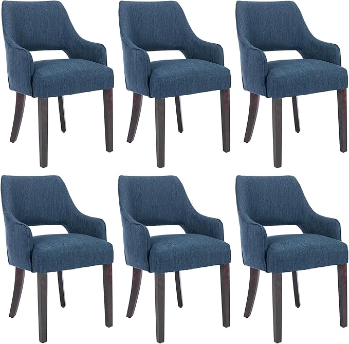 Upholstered Dining Chairs with Arms Set of 6, Linen Fabric Soft Padded Dining Room Chairs, Solid Wood Frame Accent Armchairs for Kitchen, Dining Room & Living Room, Blue