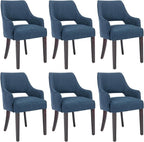 Upholstered Dining Chairs with Arms Set of 6, Linen Fabric Soft Padded Dining Room Chairs, Solid Wood Frame Accent Armchairs for Kitchen, Dining Room & Living Room, Blue