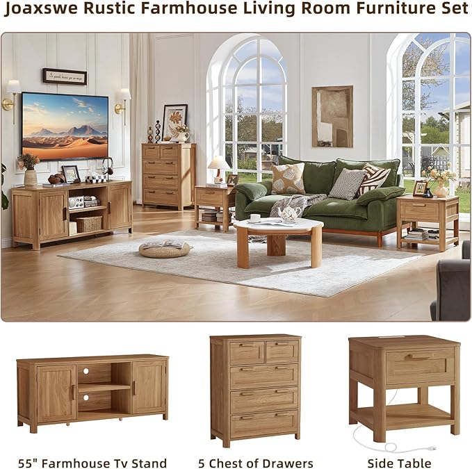 Farmhouse 55" Tv Stand,Dark Wood Entertainment Center with Adjustable Shelves & 2 Door Storage,Wooden Media Console Cabinet for TVs Up to 65 inches, Rustic Tv Stands for Living Room,Bedroom