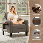 Accent Chair for Living Room Modern Linen Upholstered Armchair Side Wooden Fabric Sofa Chair with Foldable Table 2 Side Pockets Comfy Reading Chair for Bedroom