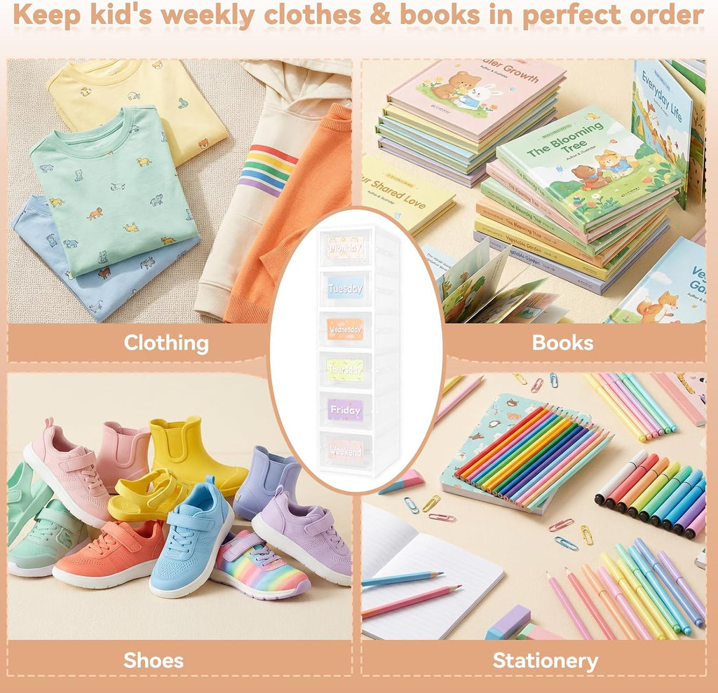 6 Shelf Weekly Clothes Organizer for Kids, Foldable Days of the Week Clothes Organizer with 18 Labels, Monday Through Weekend Essential Stuff Shoe Organizer, Kid Habit & Creativity Training