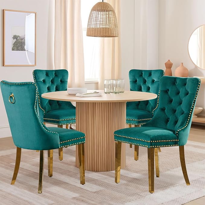 Velvet Upholstered Dining Chairs Set of 4, Modern Style Kitchen Side Chairs w...