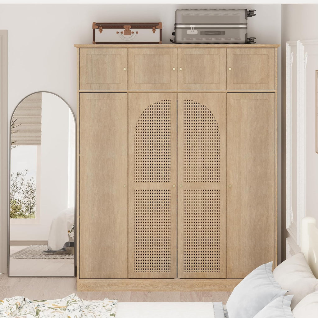 4 Doors Large Armoire Wardrobe Closet with Rattan Doors, 70.87" Tall Freestanding Wooden Closet Wardrobe Cabinet with Hanging Rod and Adjustable Shelves, Clothing Storage Cabinet for Bedroom, Natural