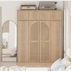 4 Doors Large Armoire Wardrobe Closet with Rattan Doors, 70.87" Tall Freestanding Wooden Closet Wardrobe Cabinet with Hanging Rod and Adjustable Shelves, Clothing Storage Cabinet for Bedroom, Natural