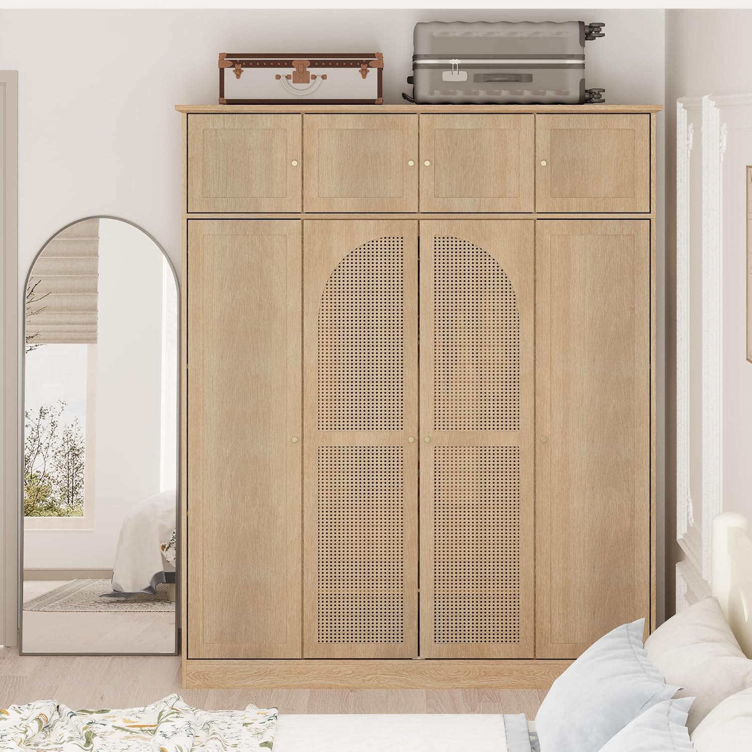 4 Doors Large Armoire Wardrobe Closet with Rattan Doors, 70.87" Tall Freestanding Wooden Closet Wardrobe Cabinet with Hanging Rod and Adjustable Shelves, Clothing Storage Cabinet for Bedroom, Natural
