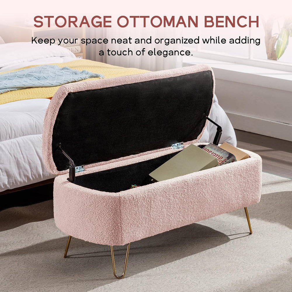 NIOIIKIT Storage Ottoman Bench, Faux Fur Upholstered Entryway Bench, Pink | U...