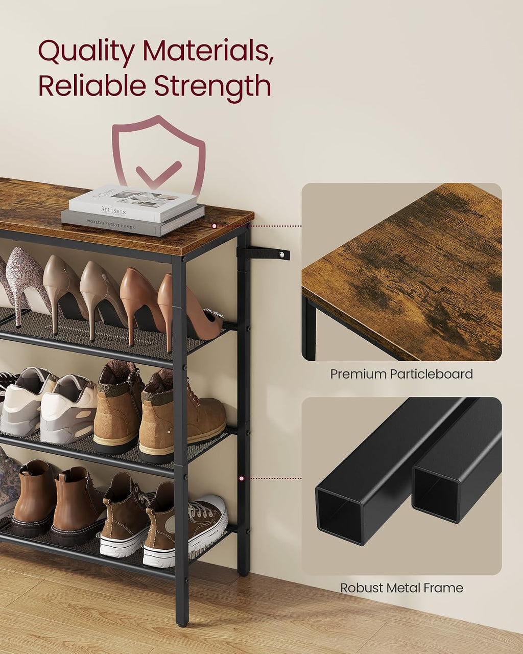 VASAGLE 5-Tier Shoe Rack, Large Shoe Storage Organizer for Closet, Entryway, 18-24 Pairs, with 4 Metal Mesh Shelves, 10.8 x 29.5 x 36.6 Inches, Rustic Brown and Black ULBS115KD01