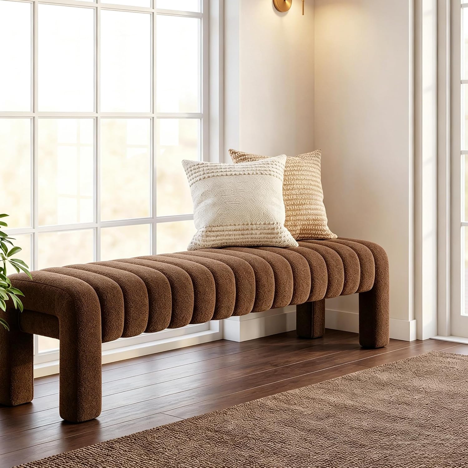 63" Bedroom Bench, Upholstered Entryway Bench, Modern End of Bed Ottoman with Solid Wood Legs and Adjustable Foot Pegs for Entryway, Dining Room and Living Room (Rust Brown Boucle)